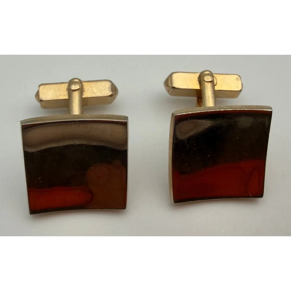 Vintage Swank Gold Tone Curved Square Amber Stone Inlay Cufflinks Mens Jewelry